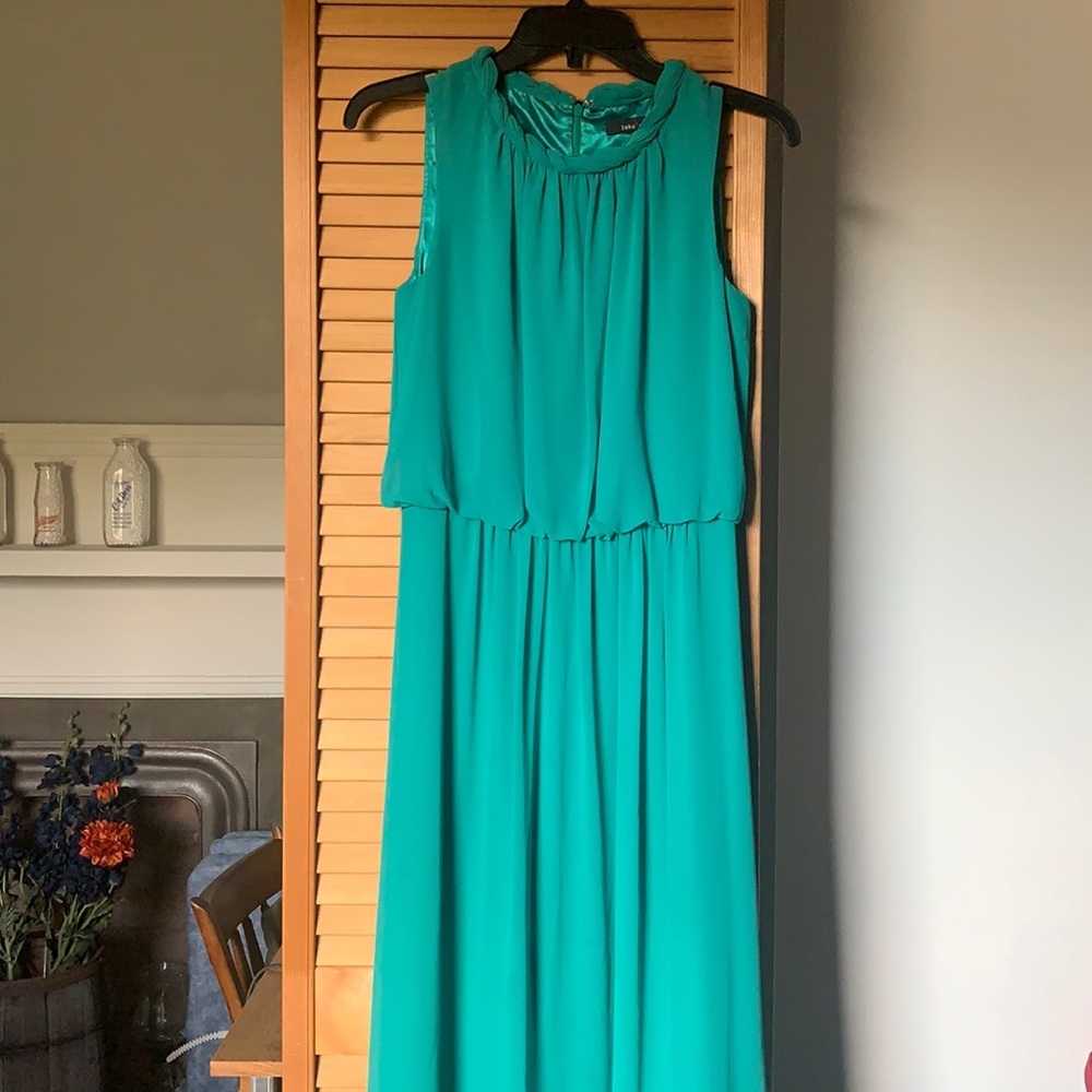 Green/aqua floor length dress with high neck